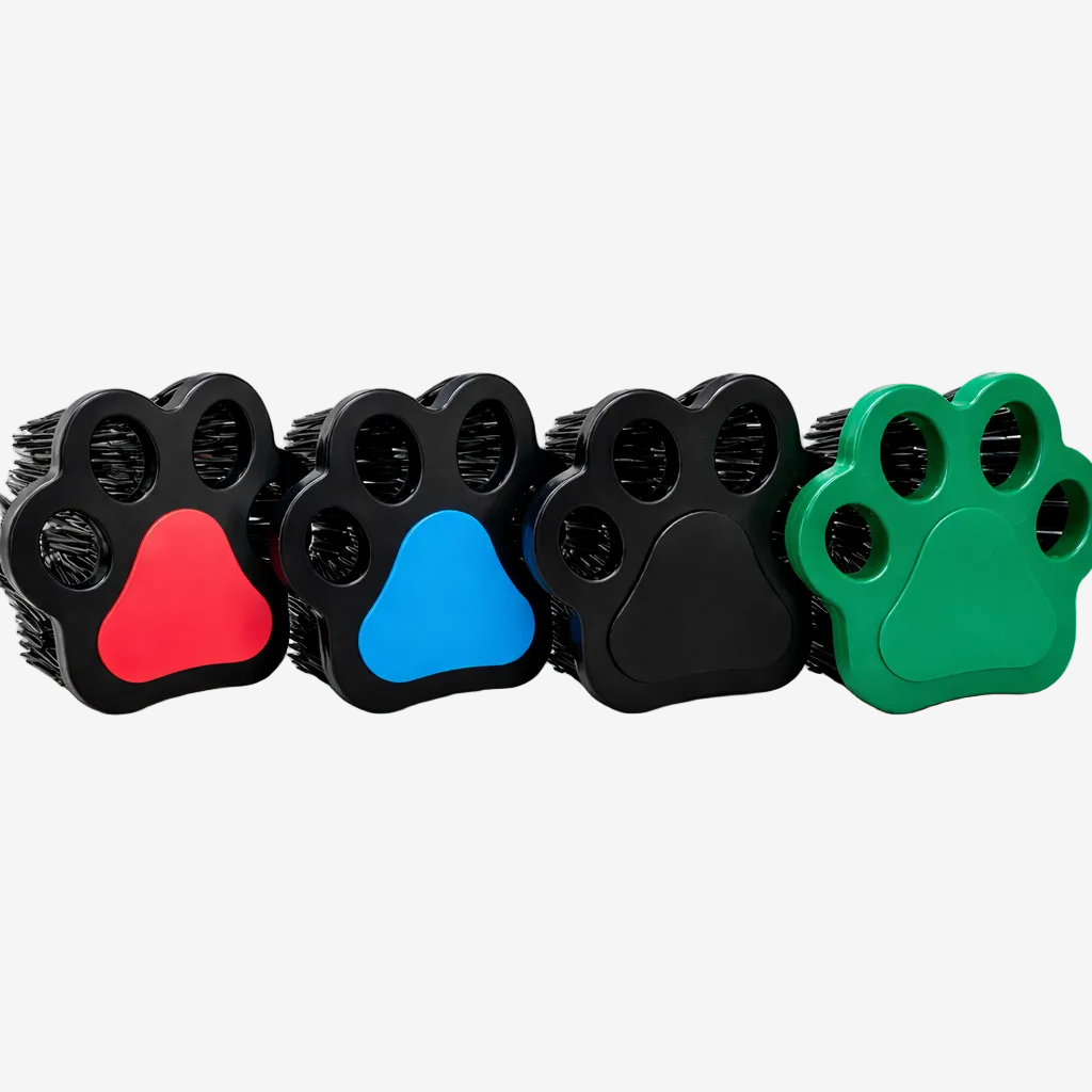 Four paw-shaped brushes in red, blue, black, and green on a white background